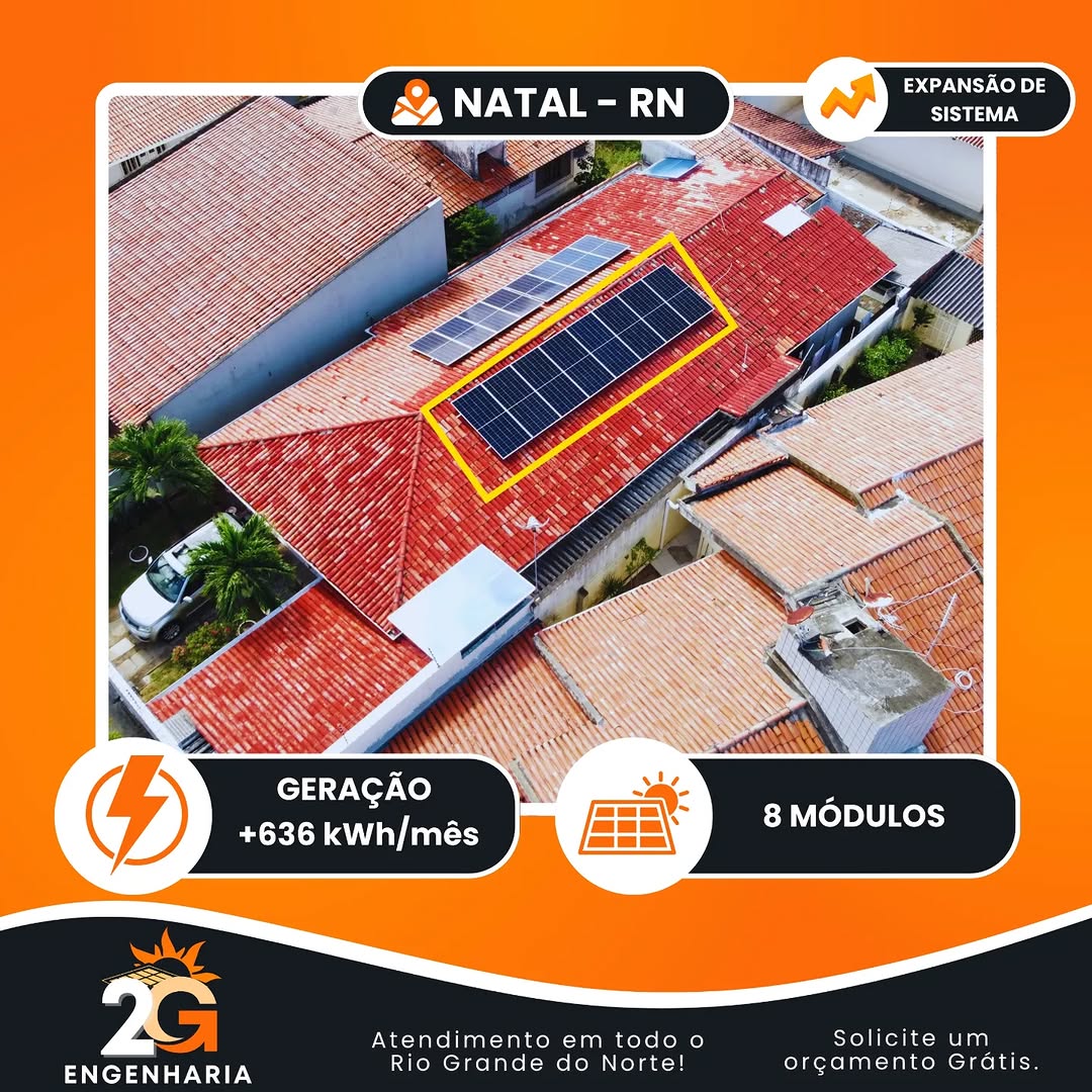 Expansão de sistema solar em Natal, 8 módulos, mais 636 kWh por mês