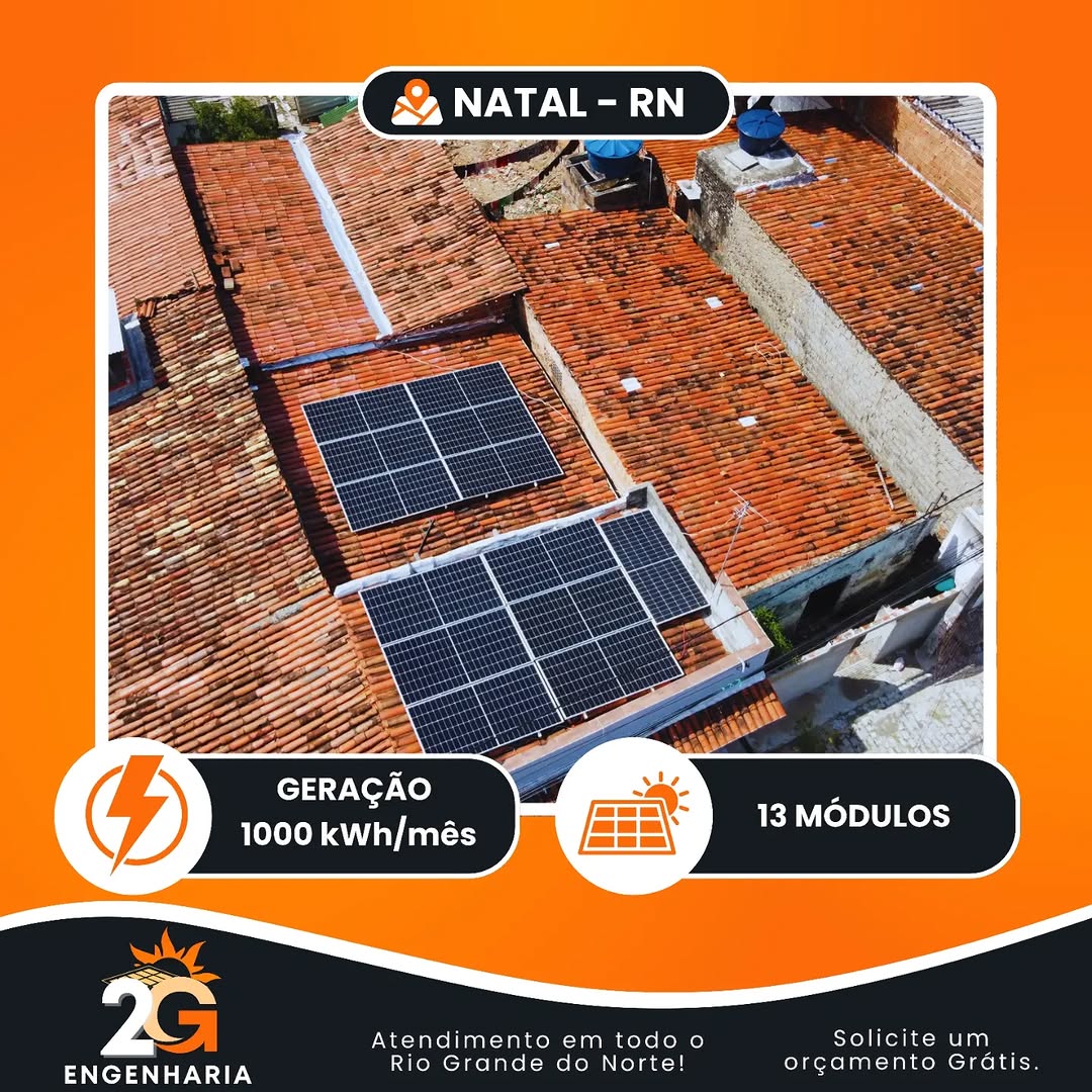 Sistema solar em Natal, 13 módulos, geração de 1000 kWh por mês