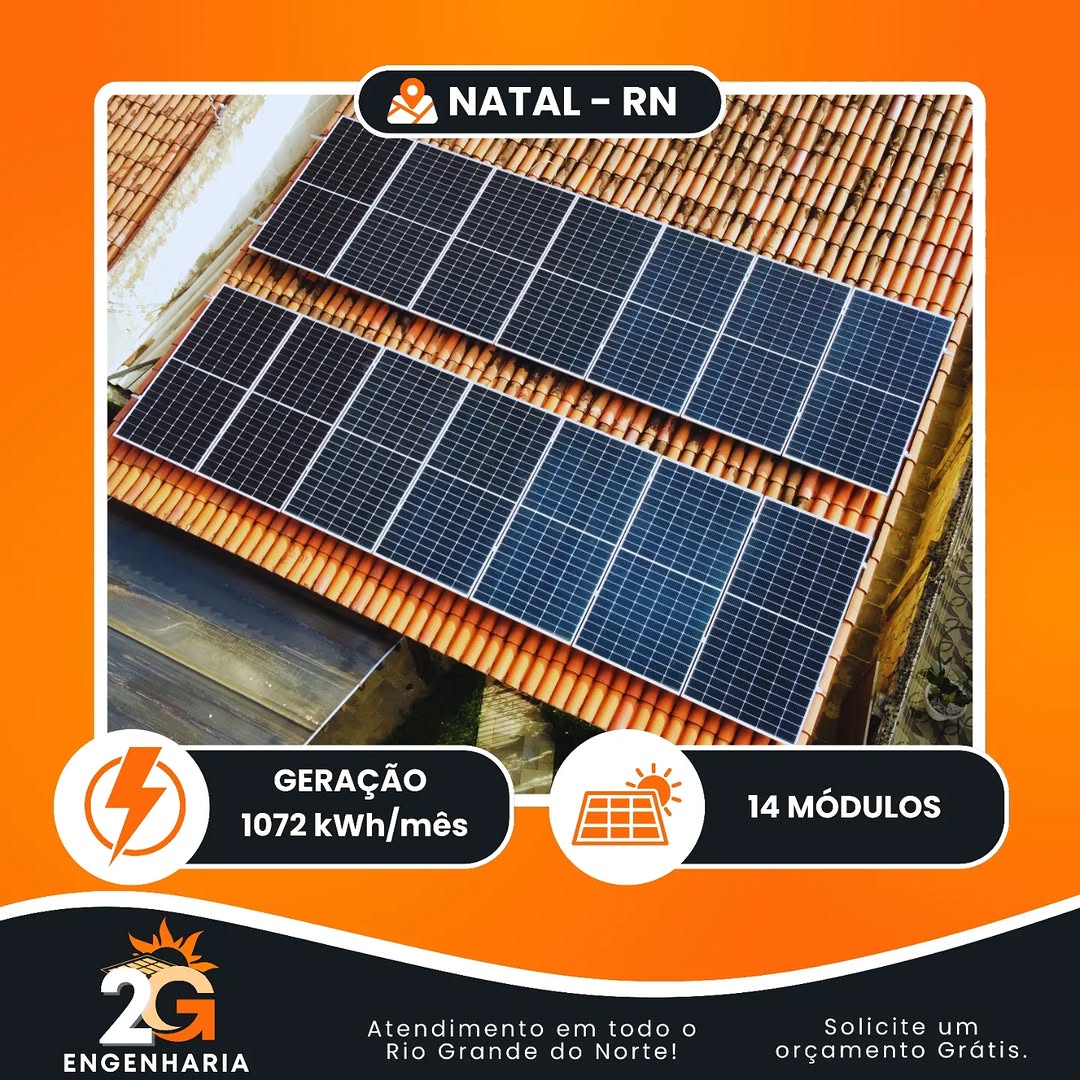 Sistema solar em Natal, 14 módulos, geração de 1072 kWh por mês