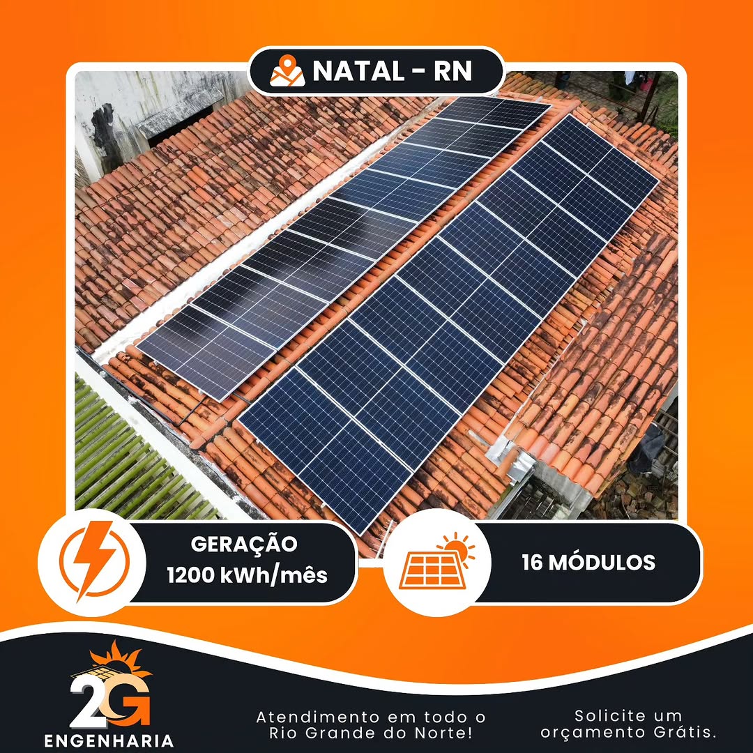 Sistema solar em Natal, 16 módulos, geração de 1200 kWh por mês